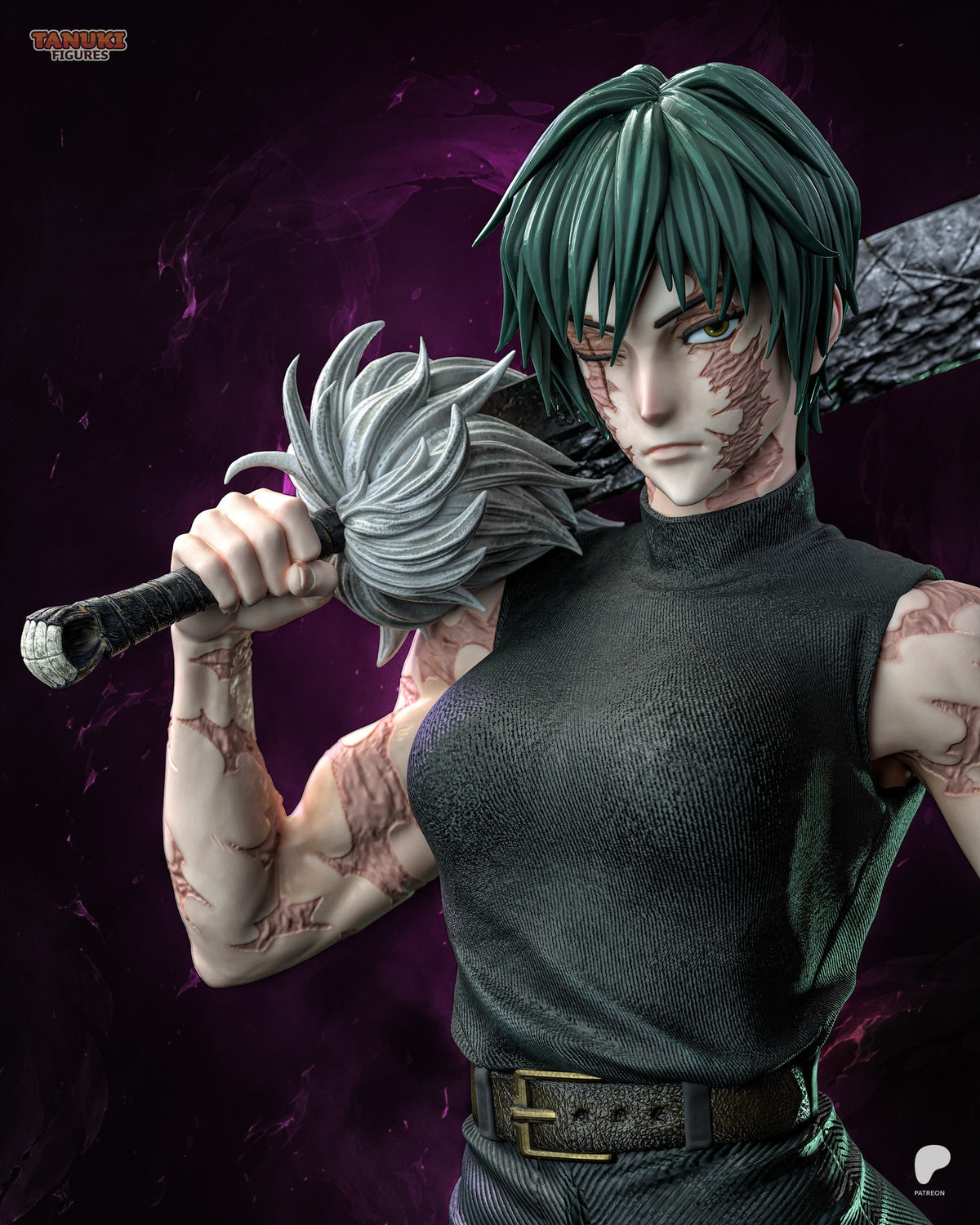 Sculptor's render (kit ships unpainted): waist-up view of the no-glasses head with one eye scarred shut, the blade over her shoulder
