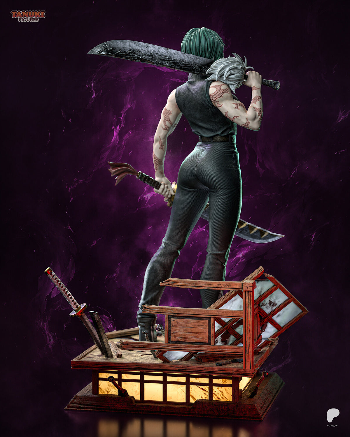 Sculptor's render (kit ships unpainted): back view with the second-sword arm, showing the scarred arms and the back of the base
