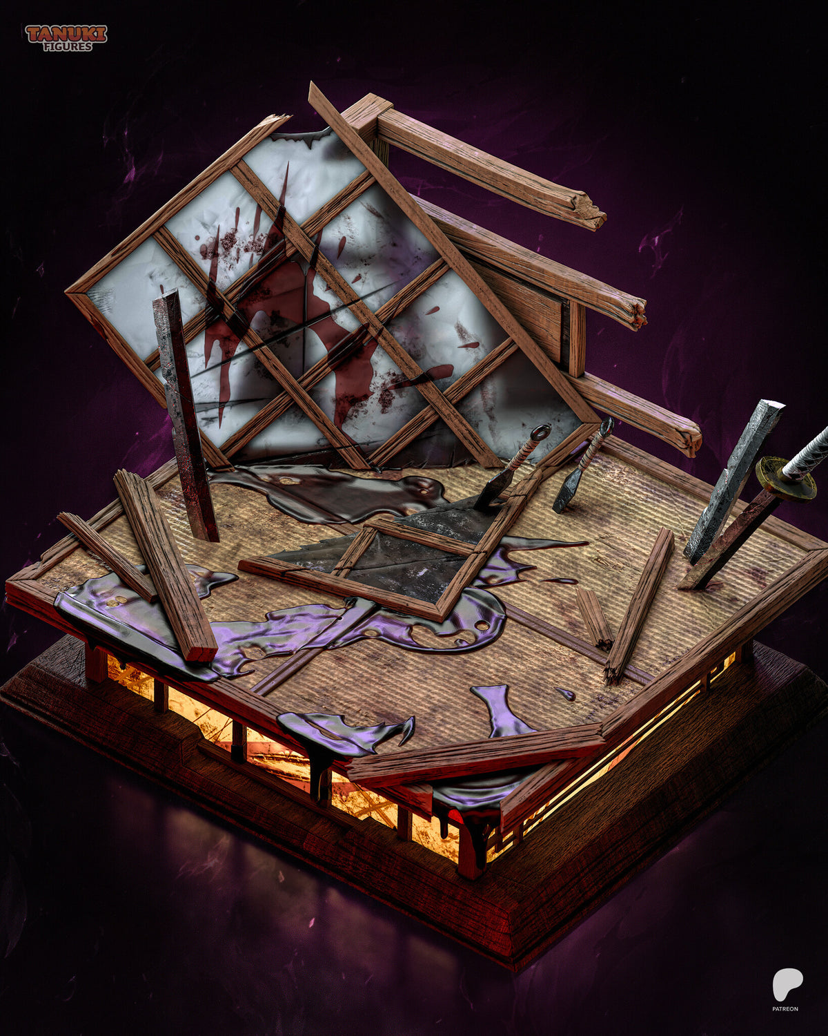 Sculptor's render (kit ships unpainted): the base on its own: tatami floor, tipped paper screen, broken frames, throwing knives and the lit lantern band