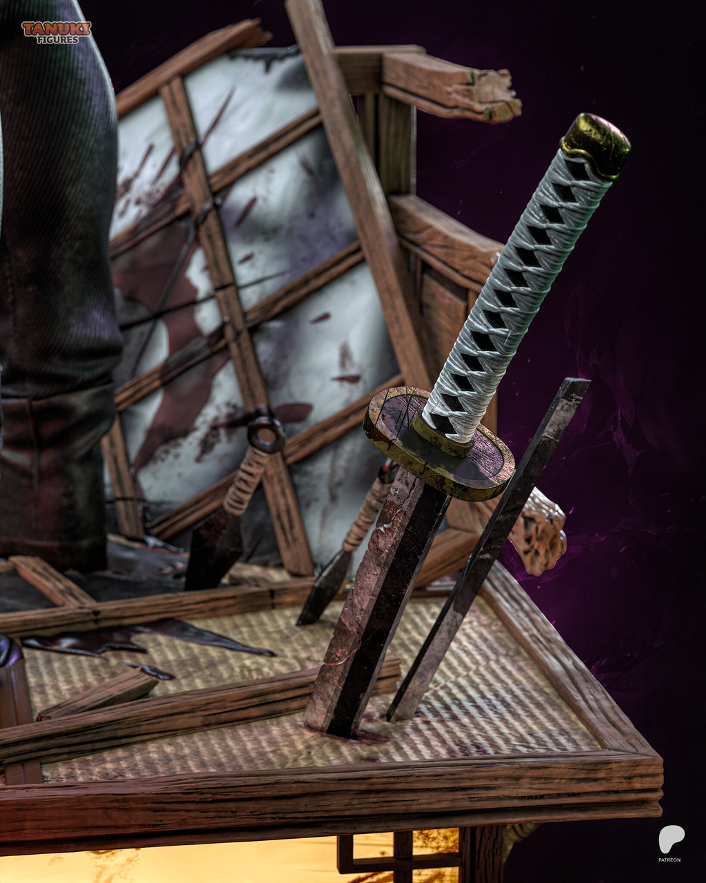 Sculptor's render (kit ships unpainted): close-up of the upright katana and two broken blades standing in the tatami floor
