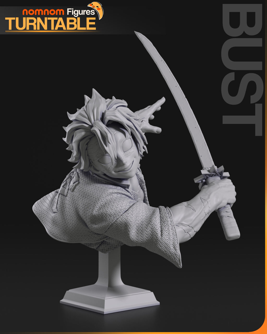 Sculptor's render of the painted design (kit ships unpainted): gray studio view of the bust, the scarred, grinning swordsman with spiky hair, his serrated sword raised in one hand and the other hand spread behind his head, in a woven coat, on a stepped stand