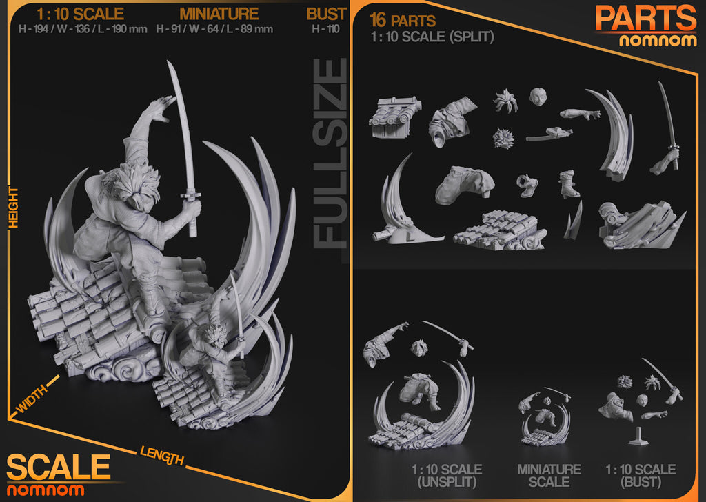 Studio scale and parts sheet (kit ships unpainted): the miniature shown in front of the 1:10 statue with the studio's sizes for each version (miniature 91 mm tall), and the parts of each version laid out, the miniature's in the bottom middle