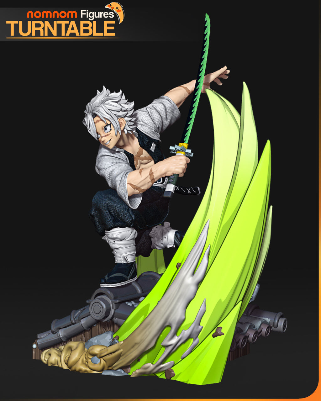 Sculptor's render (kit ships unpainted): the painted design, front view of the white-haired swordsman crouched on the roof with his serrated sword raised inside the yellow-green wind crescents; the miniature is the same sculpt at 91 mm tall, in 5 pieces