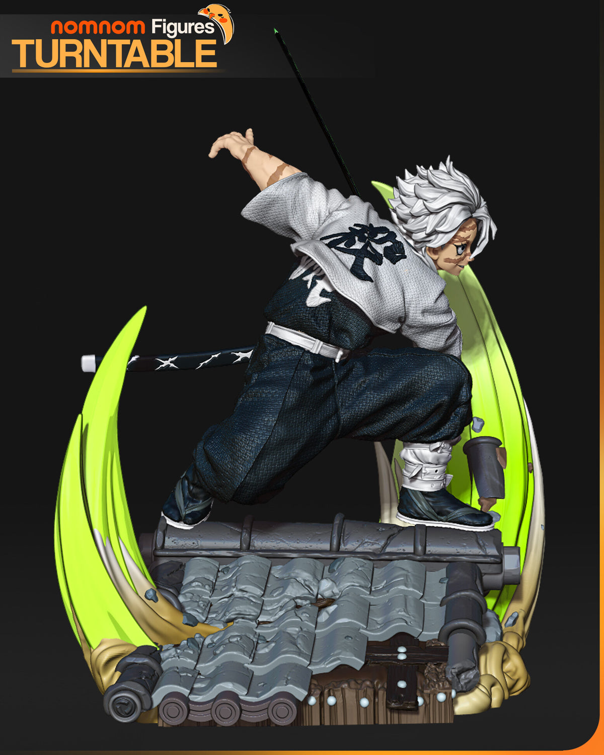 Sculptor's render (kit ships unpainted): painted rear view of the coat, the scabbard at his hip and the tiled roof; the miniature is the same sculpt at 91 mm tall, in 5 pieces
