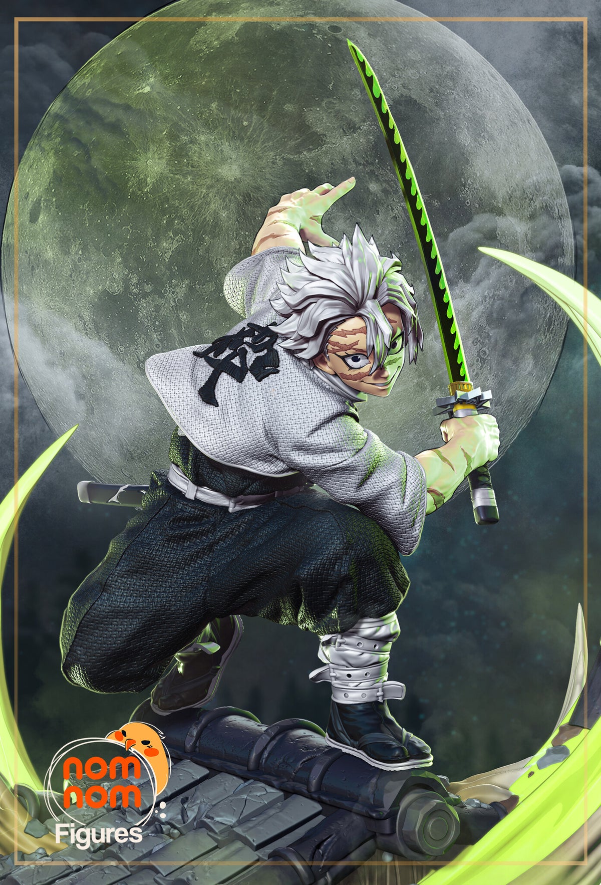 Sculptor's render of the painted design (kit ships unpainted): the white-haired swordsman crouched on the tiled roof, grinning back over his shoulder with the serrated sword raised, green wind crescents around him