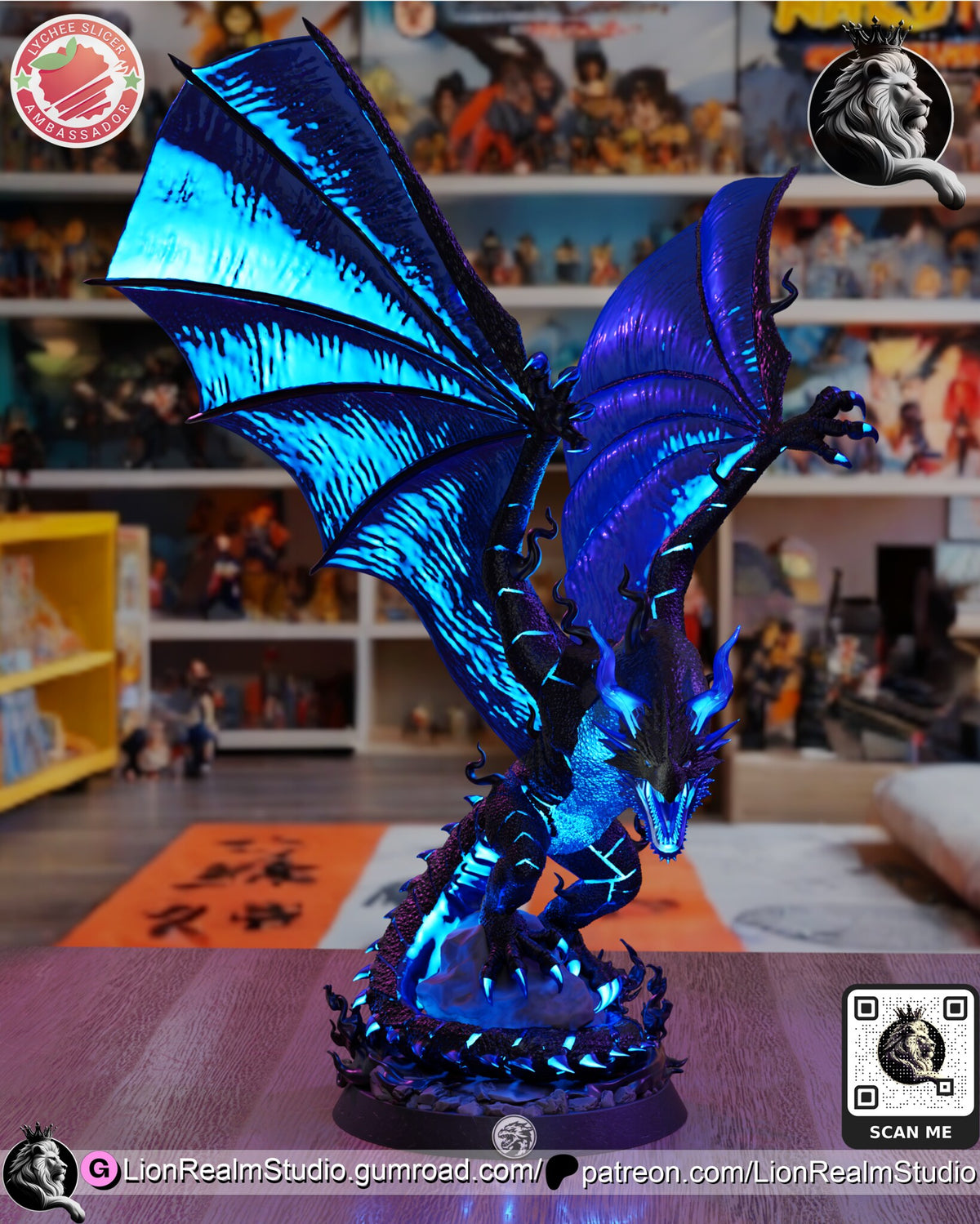 Sculptor's render of the painted design (kit ships unpainted): front view of the black wyvern with glowing blue wings, rearing over a pale boulder on its round base with its jaws open