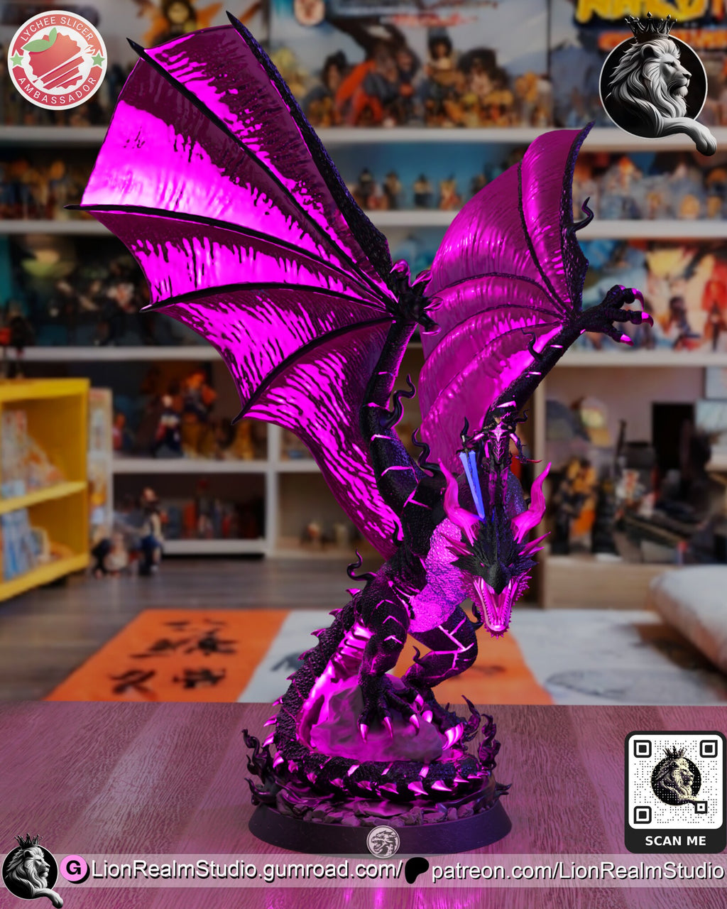 Sculptor's render (kit ships unpainted): the same front view painted in magenta, with the small swordsman rider standing on the neck behind the horns