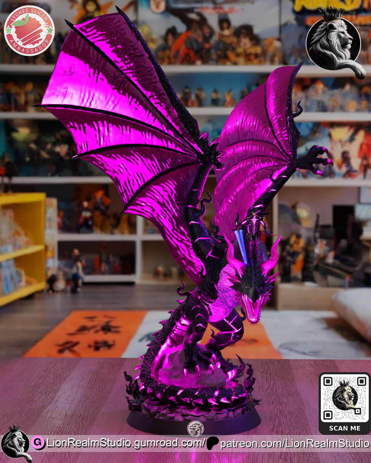 Sculptor's render (kit ships unpainted): the same front view painted in magenta, with the small swordsman rider standing on the neck behind the horns