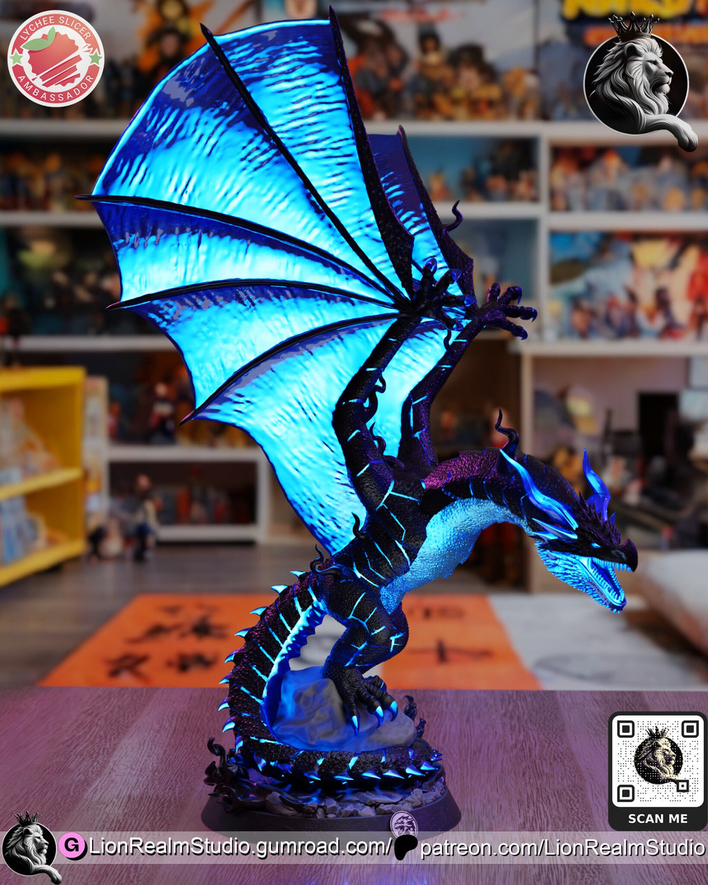 Sculptor's render (kit ships unpainted): three-quarter view with one glowing wing fanned out behind the body and the head turned in profile