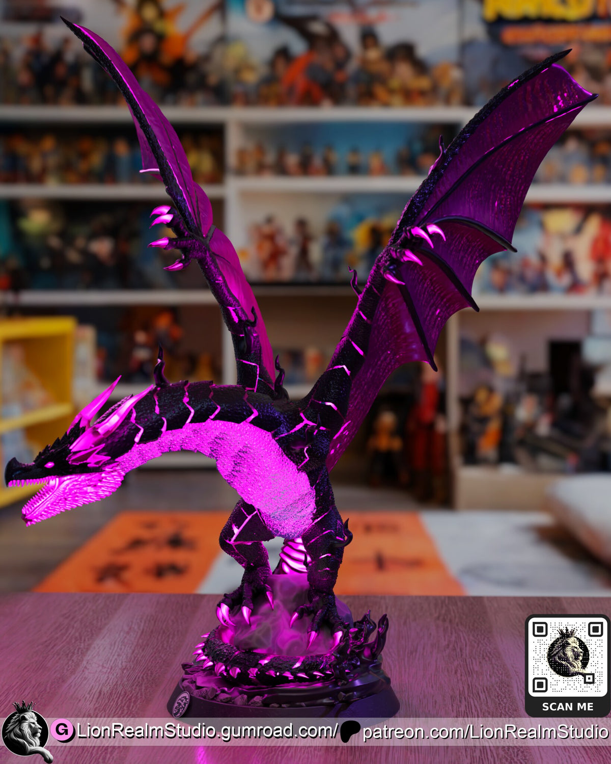 Sculptor's render (kit ships unpainted): side profile in magenta, the neck stretched out with the jaws open and both wings raised