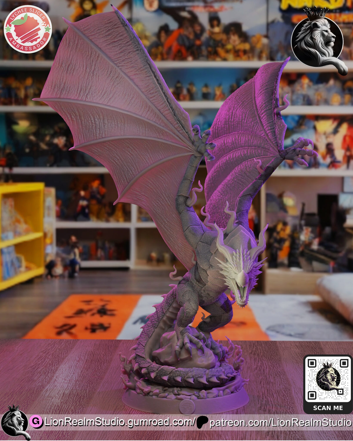 Sculptor's render (kit ships unpainted): unpainted gray view of the sculpt from the front, showing the wing membranes, scales and the tail coiled around the boulder