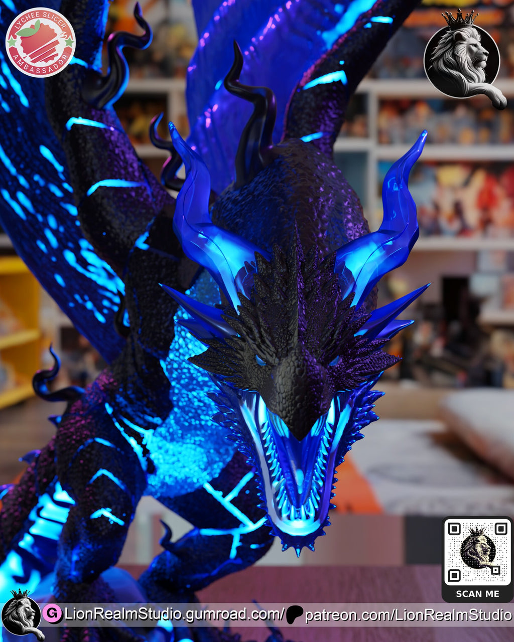 Sculptor's render (kit ships unpainted): head-on close-up of the roaring head with glowing teeth and translucent blue horns