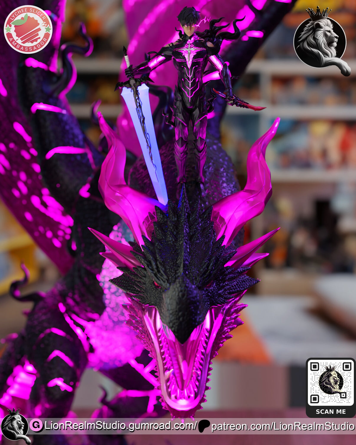 Sculptor's render (kit ships unpainted): close-up of the rider in black armor with a glowing white sword, standing on the head between the magenta horns
