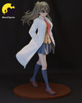 Sculptor's render of the painted design (kit ships unpainted): full-figure three-quarter view of the girl with glasses and a ponytail walking in an open white lab coat over a school uniform, on a round tiled base