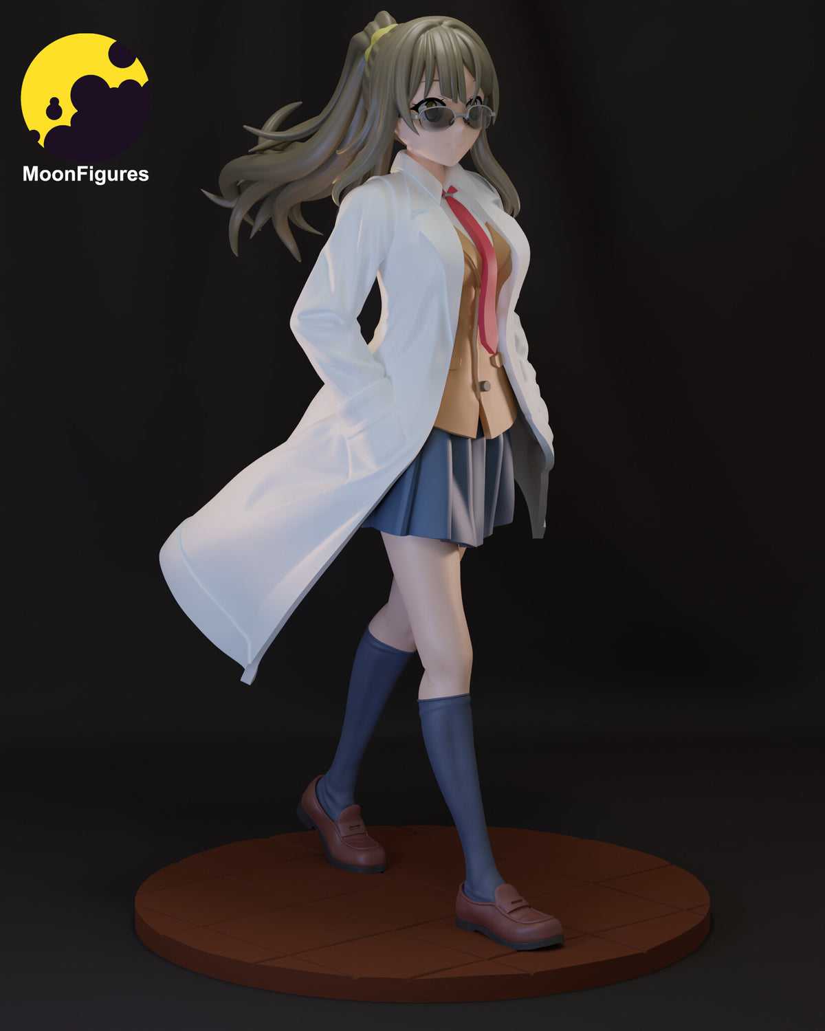 Sculptor's render of the painted design (kit ships unpainted): full-figure three-quarter view of the girl with glasses and a ponytail walking in an open white lab coat over a school uniform, on a round tiled base