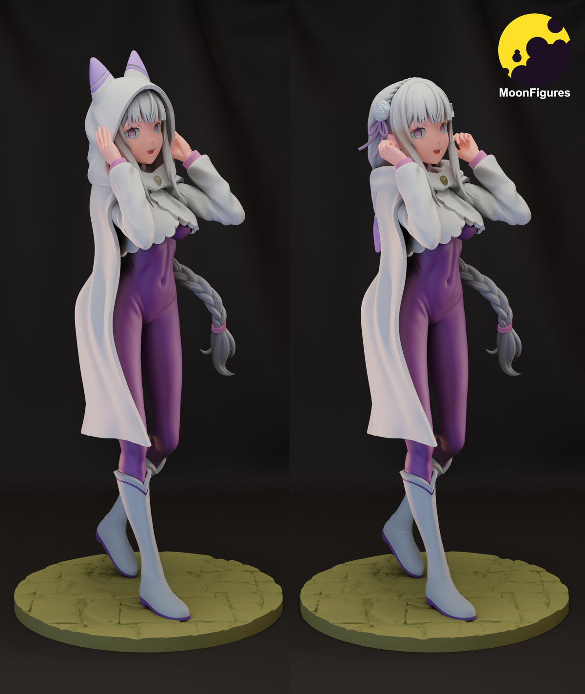 Sculptor's render of the painted design (kit ships unpainted): the hood-up and hood-down looks side by side on the cobblestone base, hood up with cat ears on the left and hood down with a braided crown and flower on the right