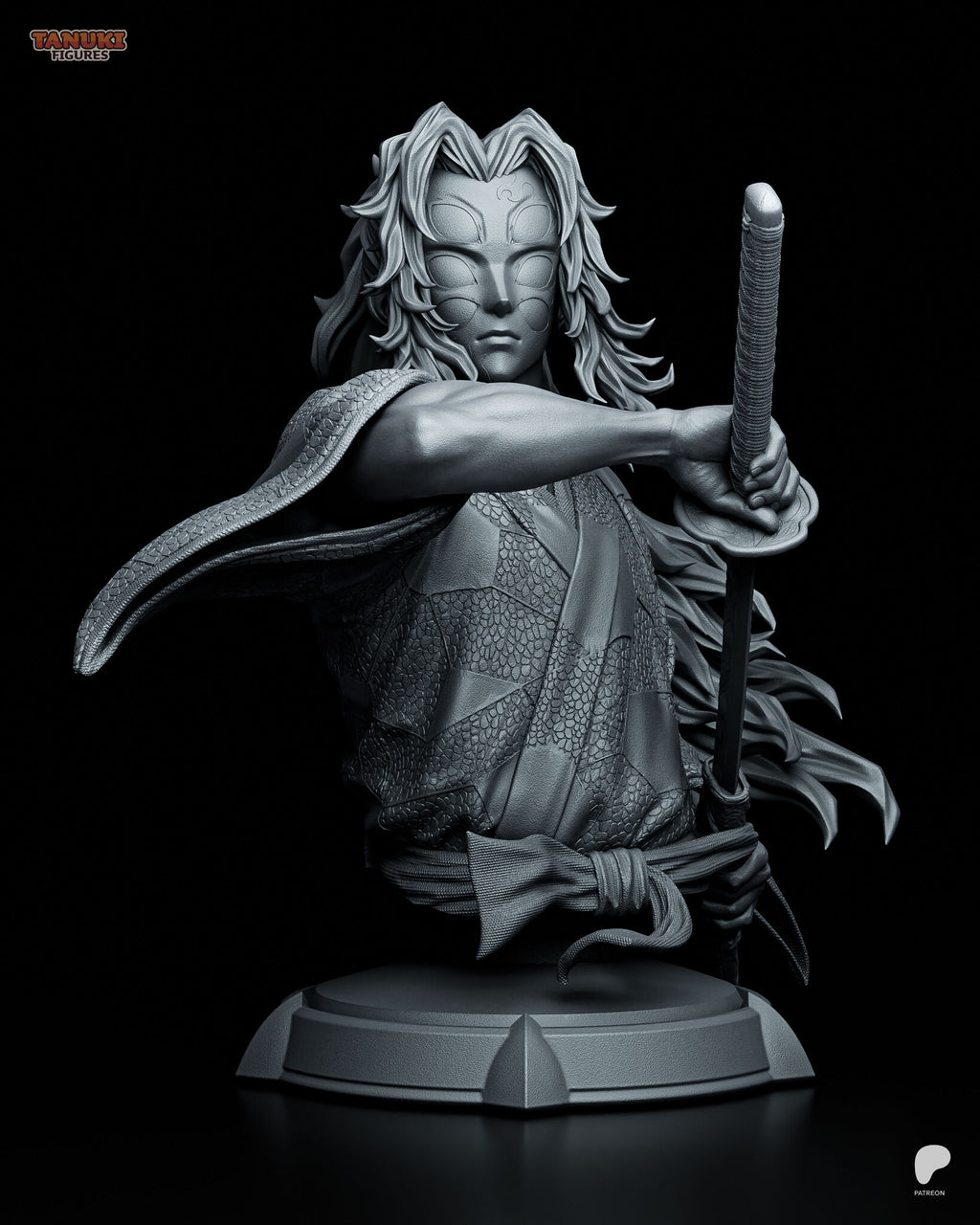 Sculptor's render of the painted design (kit ships unpainted): gray sculpt view from the front, the arm held straight out with the sword blade down, the sleeve trailing to one side, on the stepped round plinth