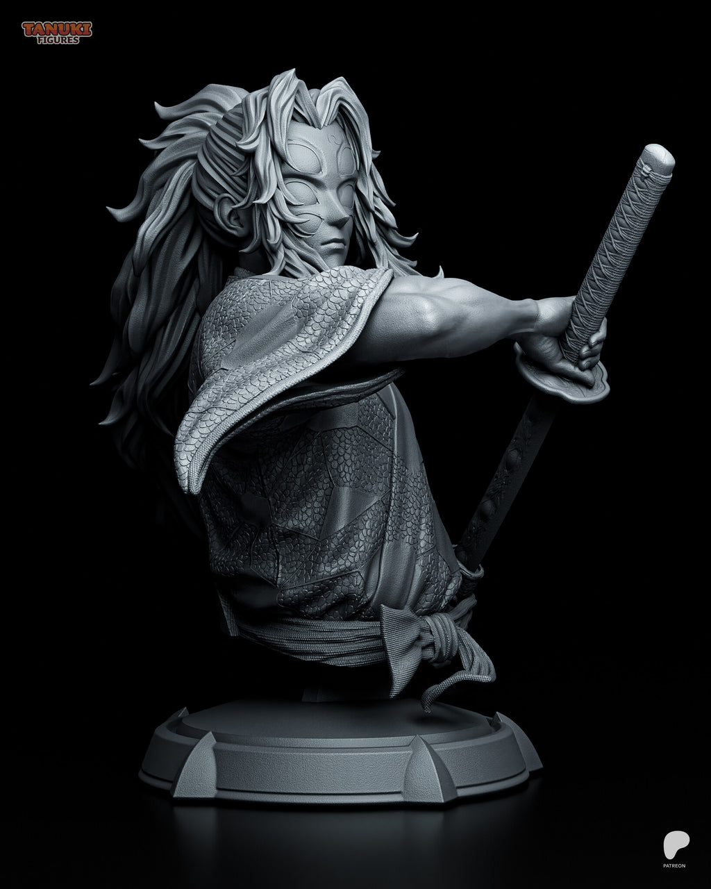 Sculptor's render (kit ships unpainted): gray view from his left, showing the lattice-patterned sleeve, the high hair knot and the sword held down at the hip