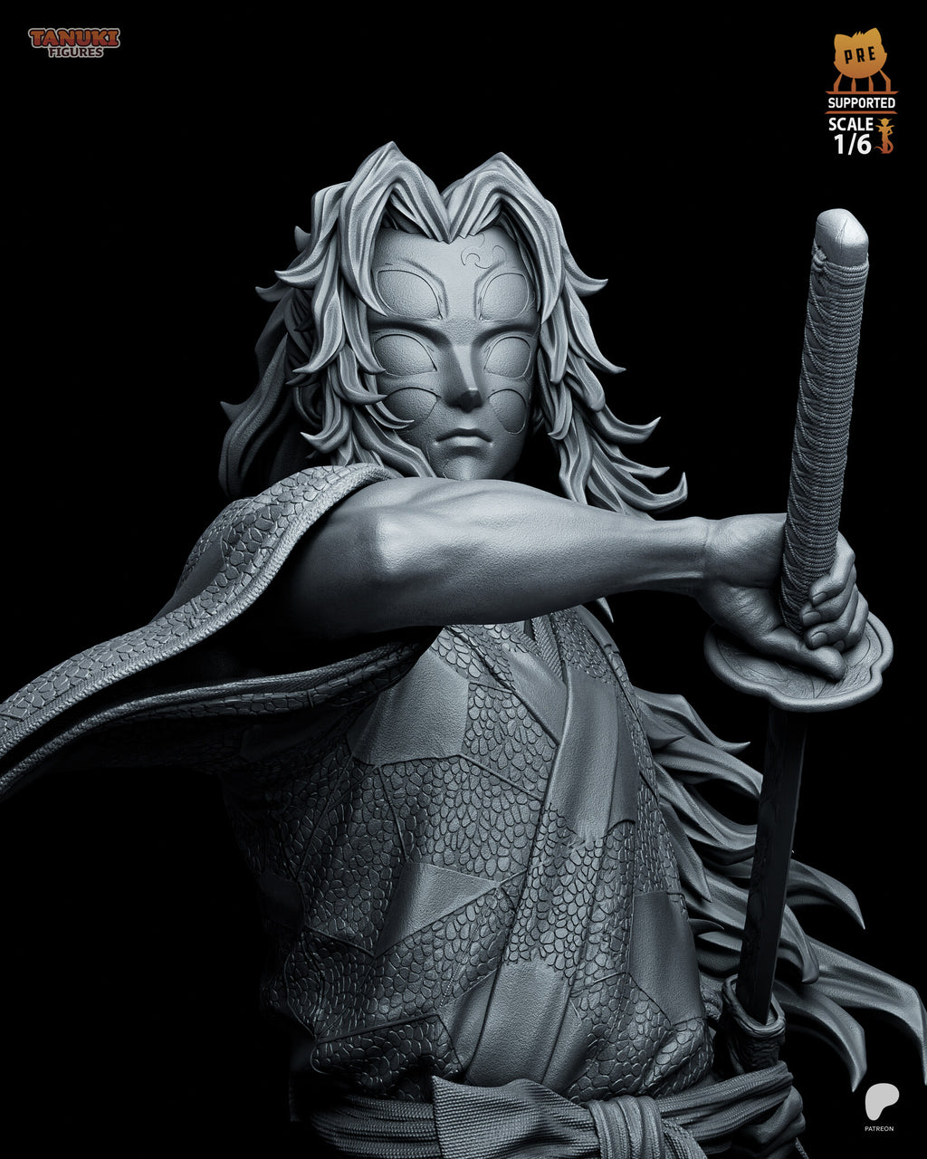 Sculptor's render (kit ships unpainted): closer gray view of the six-eyed face, the forearm and the cord-wrapped sword grip