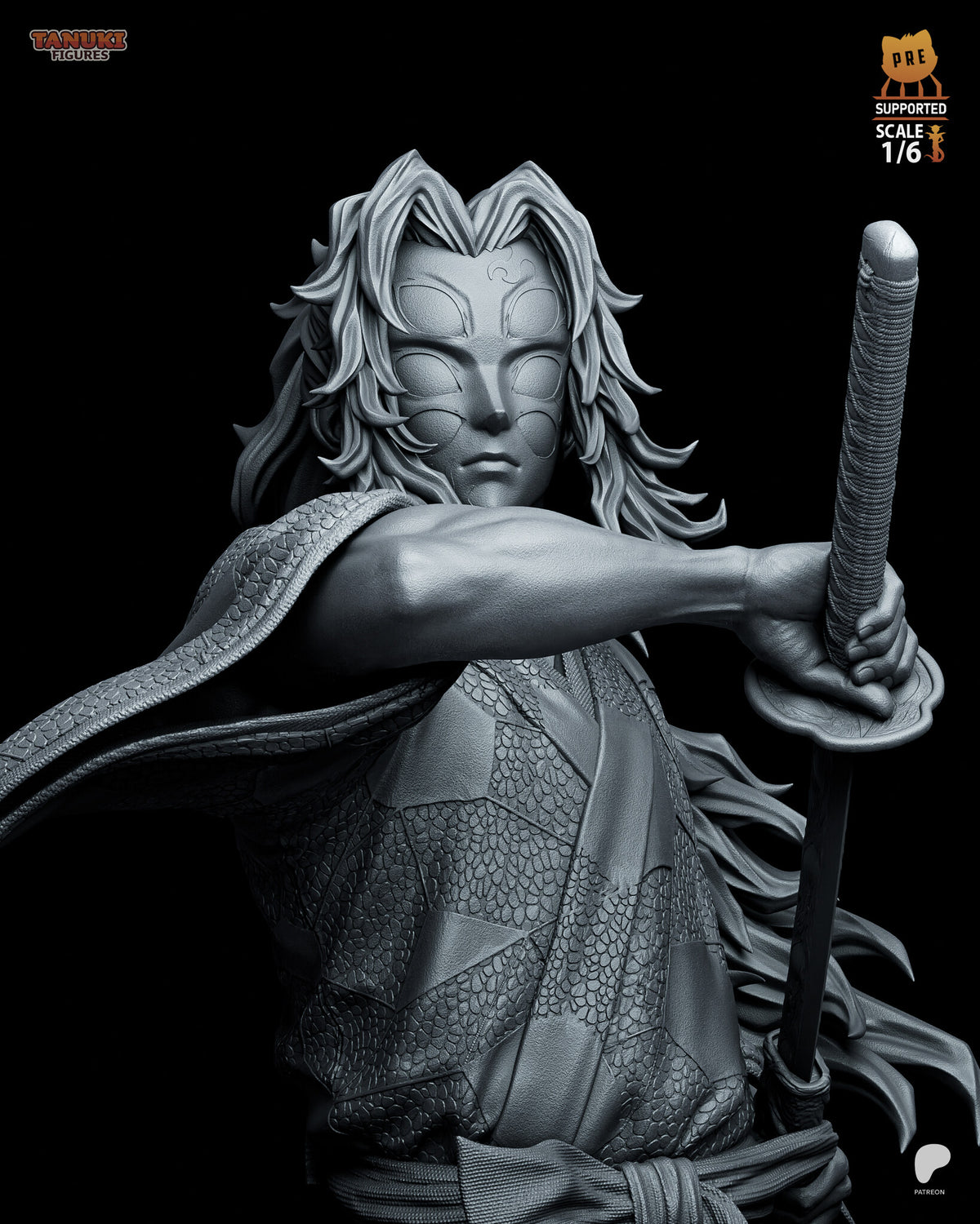 Sculptor's render (kit ships unpainted): closer gray view of the six-eyed face, the forearm and the cord-wrapped sword grip
