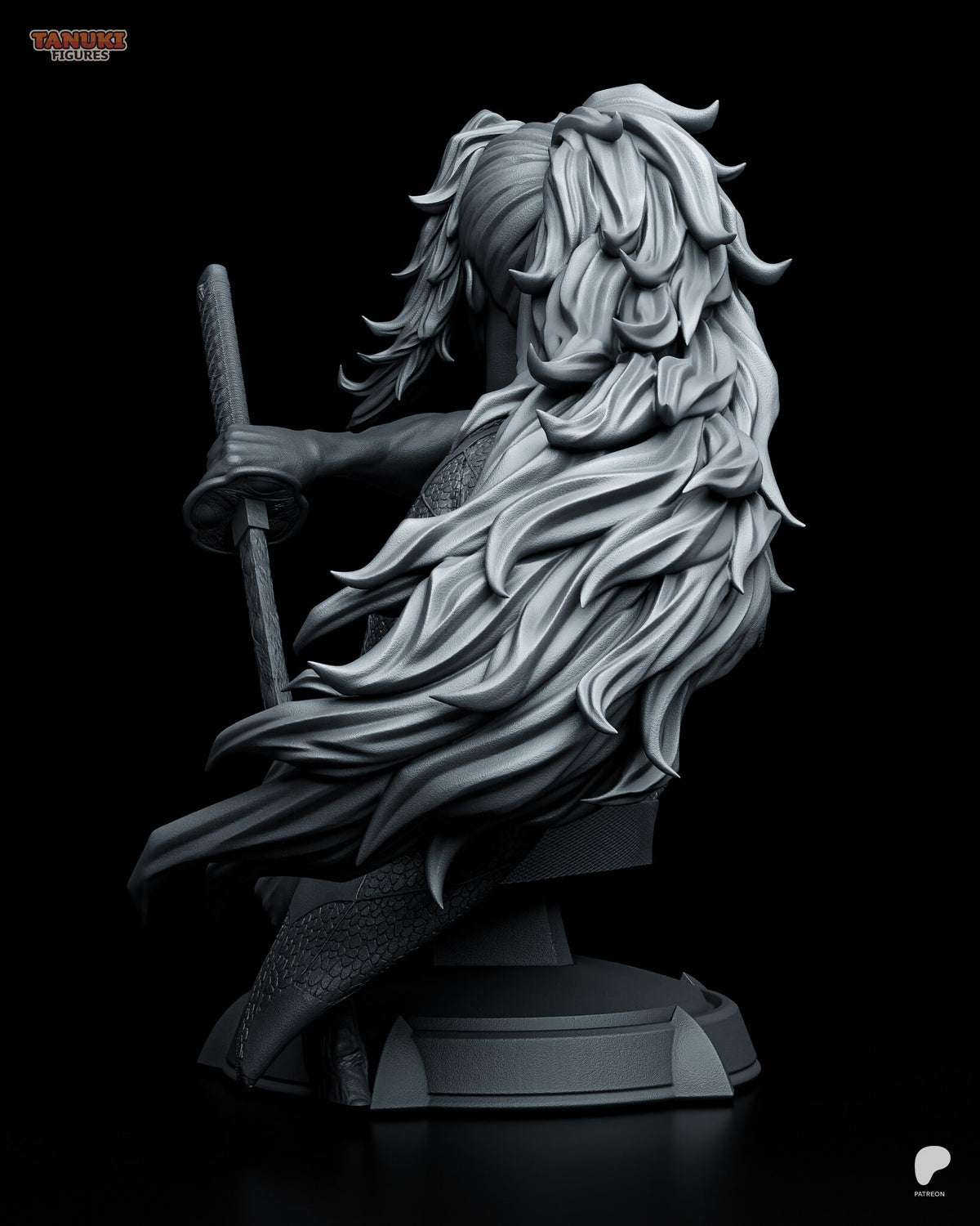Sculptor's render (kit ships unpainted): gray rear view, almost all long sculpted hair falling down the back