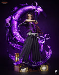 Sculptor's render of the painted design (kit ships unpainted): front view of the six-eyed swordsman drawing his sword under a giant purple crescent moon, flames curling round his feet on the lantern-lit wooden platform
