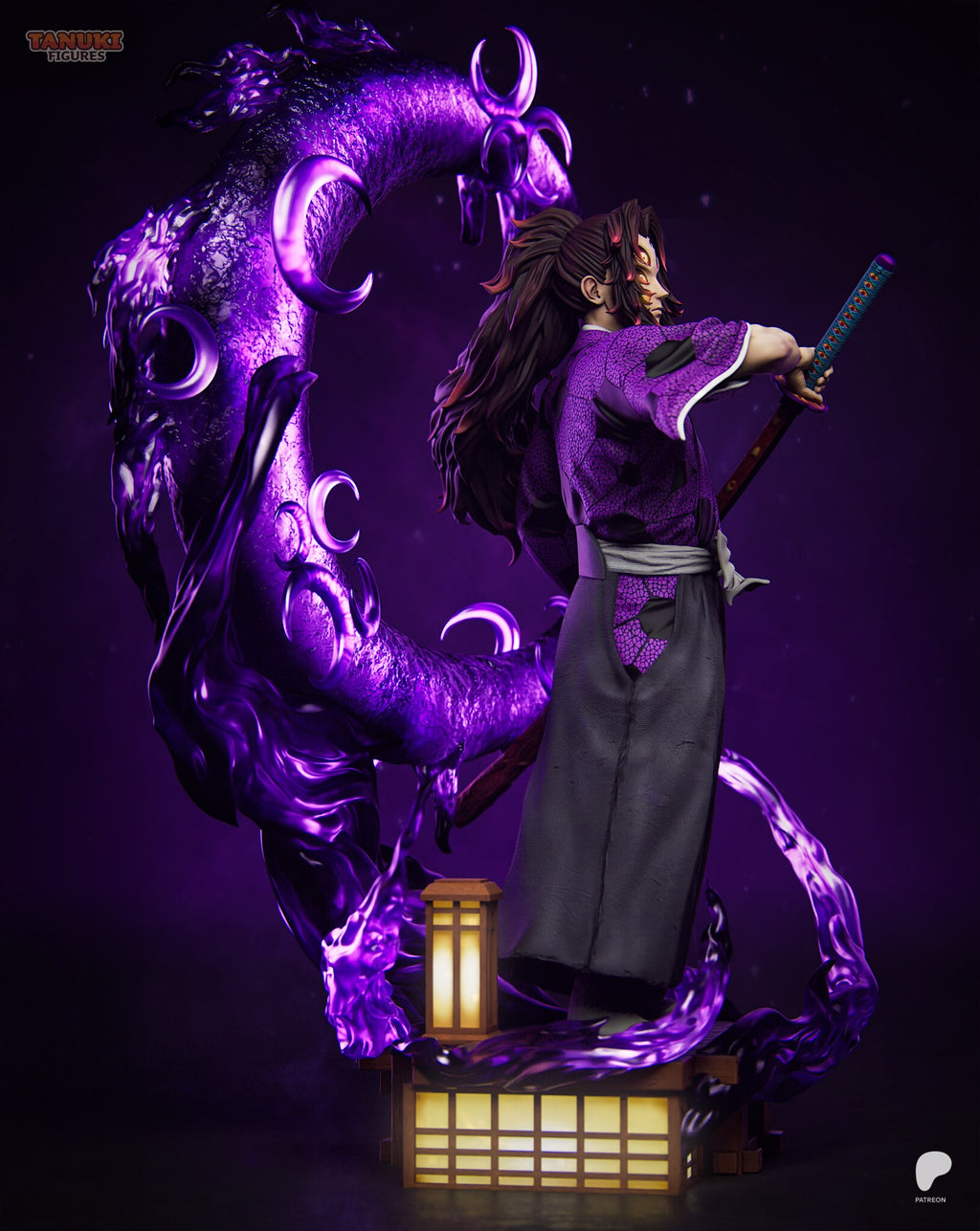 Sculptor's render (kit ships unpainted): side view showing the long ponytail, the pleated trousers and the moon rising behind him