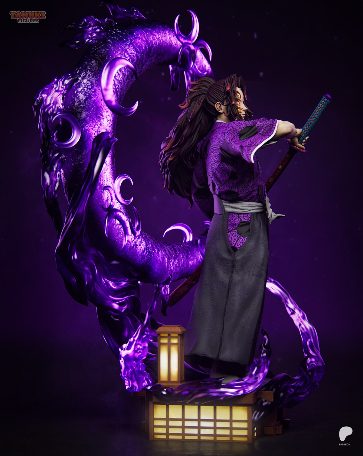 Sculptor's render (kit ships unpainted): side view showing the long ponytail, the pleated trousers and the moon rising behind him