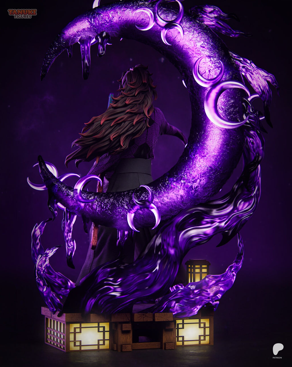 Sculptor's render (kit ships unpainted): rear view through the crescent moon, its drips and small crescent blades, with the lantern boxes below