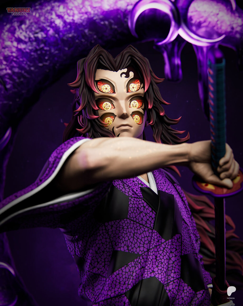 Sculptor's render (kit ships unpainted): close-up of the face with three pairs of eyes, the forehead mark and the outstretched sword arm