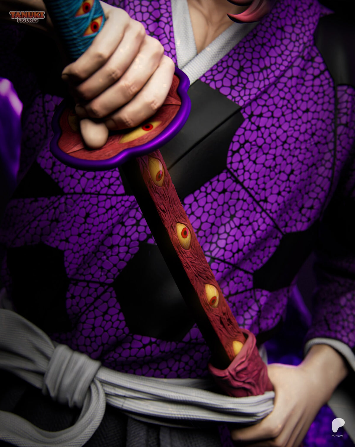 Sculptor's render (kit ships unpainted): close-up of the hand on the hilt, the flower-shaped guard and the blade studded with sculpted eyes over the patterned kimono