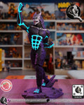 Sculptor's render of the painted design (kit ships unpainted): front three-quarter view of the skull-faced monster with two horns, right fist raised and cyan lines glowing on his black hide, striding across the rock base
