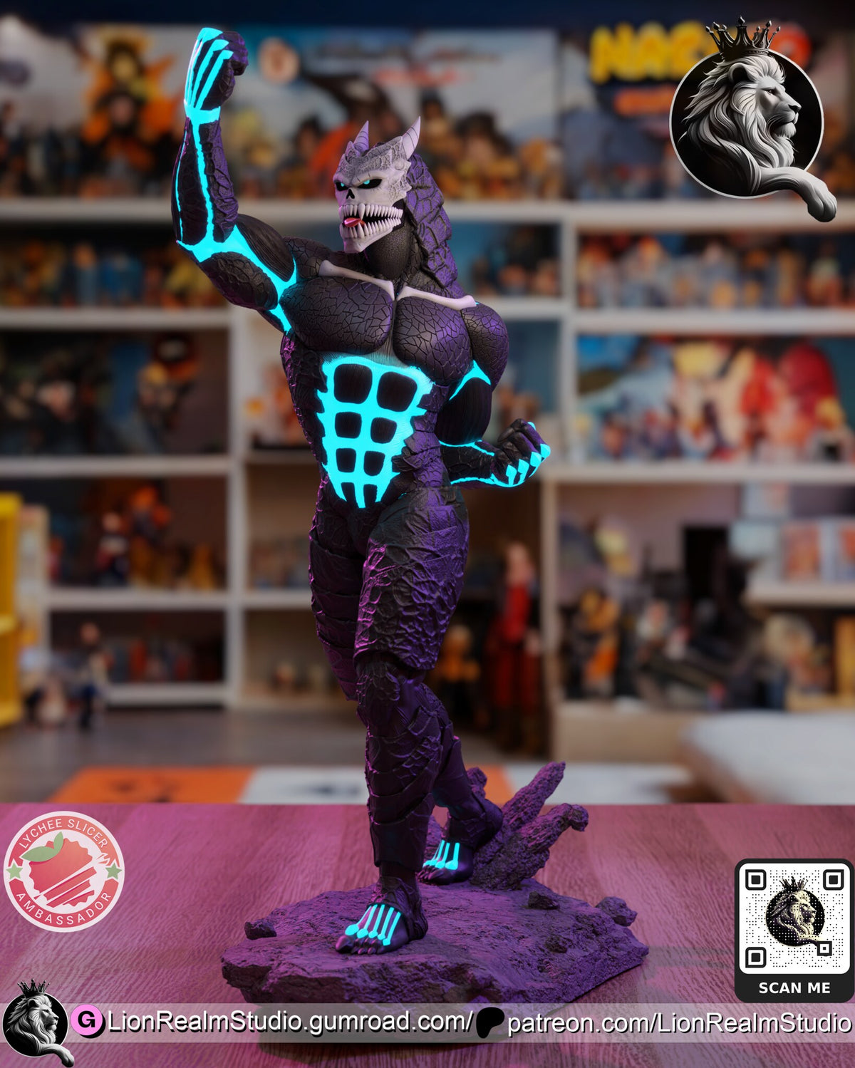 Sculptor's render of the painted design (kit ships unpainted): front three-quarter view of the skull-faced monster with two horns, right fist raised and cyan lines glowing on his black hide, striding across the rock base