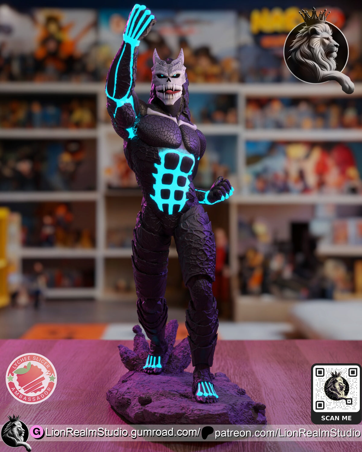 Sculptor's render (kit ships unpainted): straight front view showing the glowing frame around the ab blocks, the plated shins and the glowing toe bones