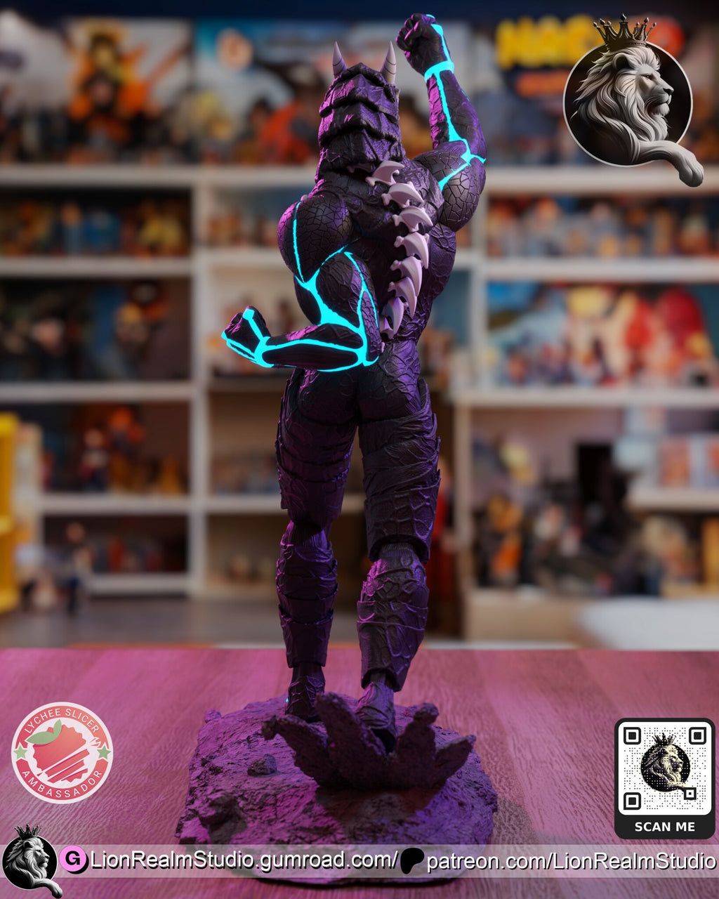 Sculptor's render (kit ships unpainted): back view with glowing lines across the shoulders, the spine spikes and the back of the rock base