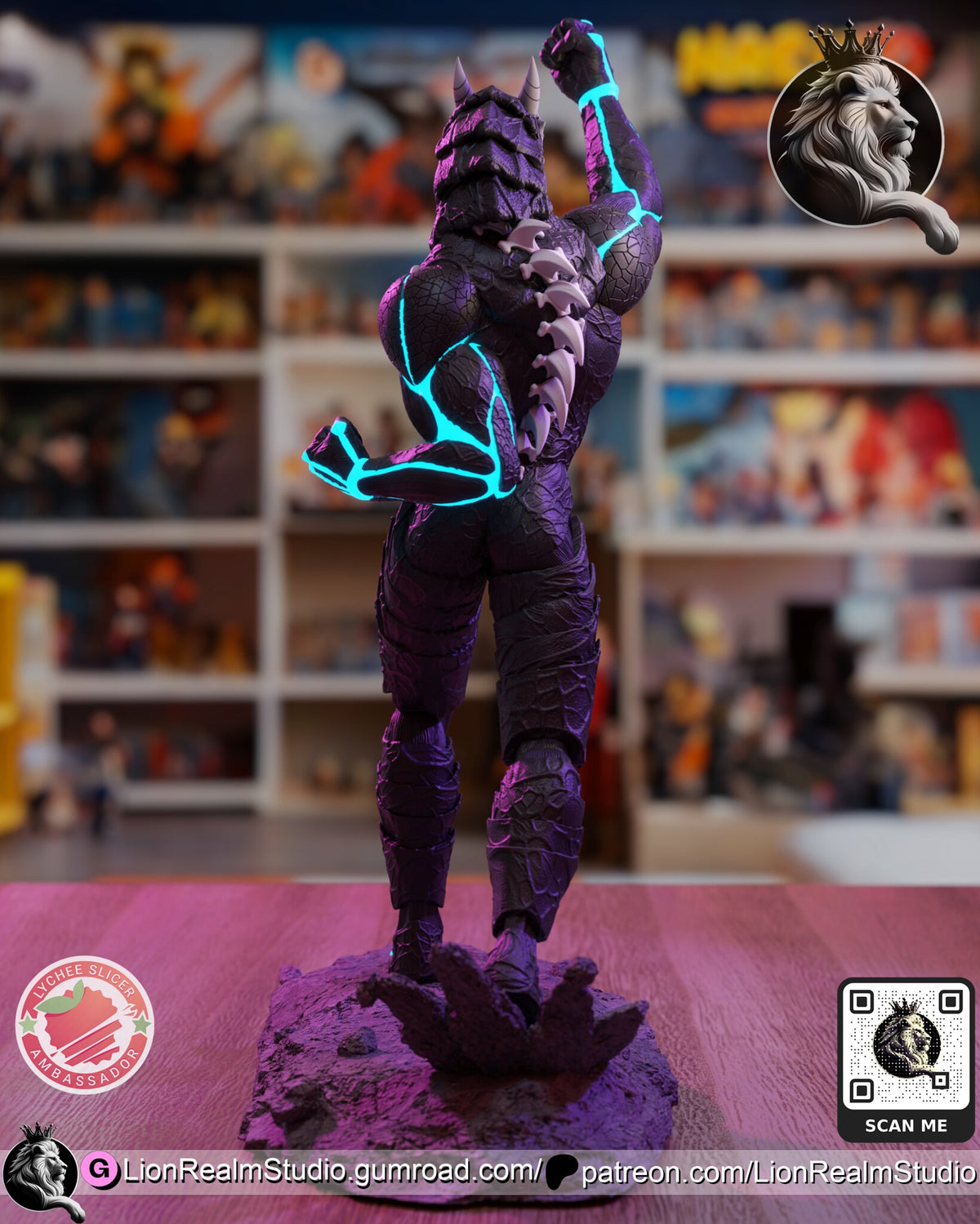 Sculptor's render (kit ships unpainted): back view with glowing lines across the shoulders, the spine spikes and the back of the rock base