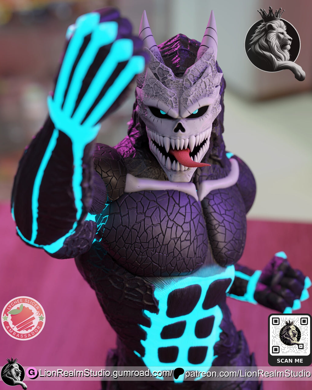 Sculptor's render (kit ships unpainted): close-up of the full skull face with two horns, bared fangs and tongue, the glowing fist blurred in front