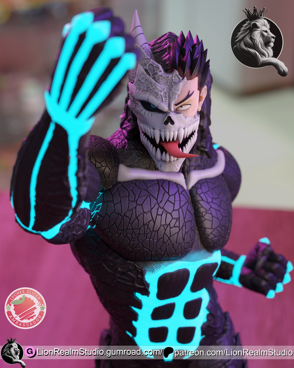 Sculptor's render (kit ships unpainted): close-up of the half-transformed head, skull on one side and a human face with spiky black hair on the other