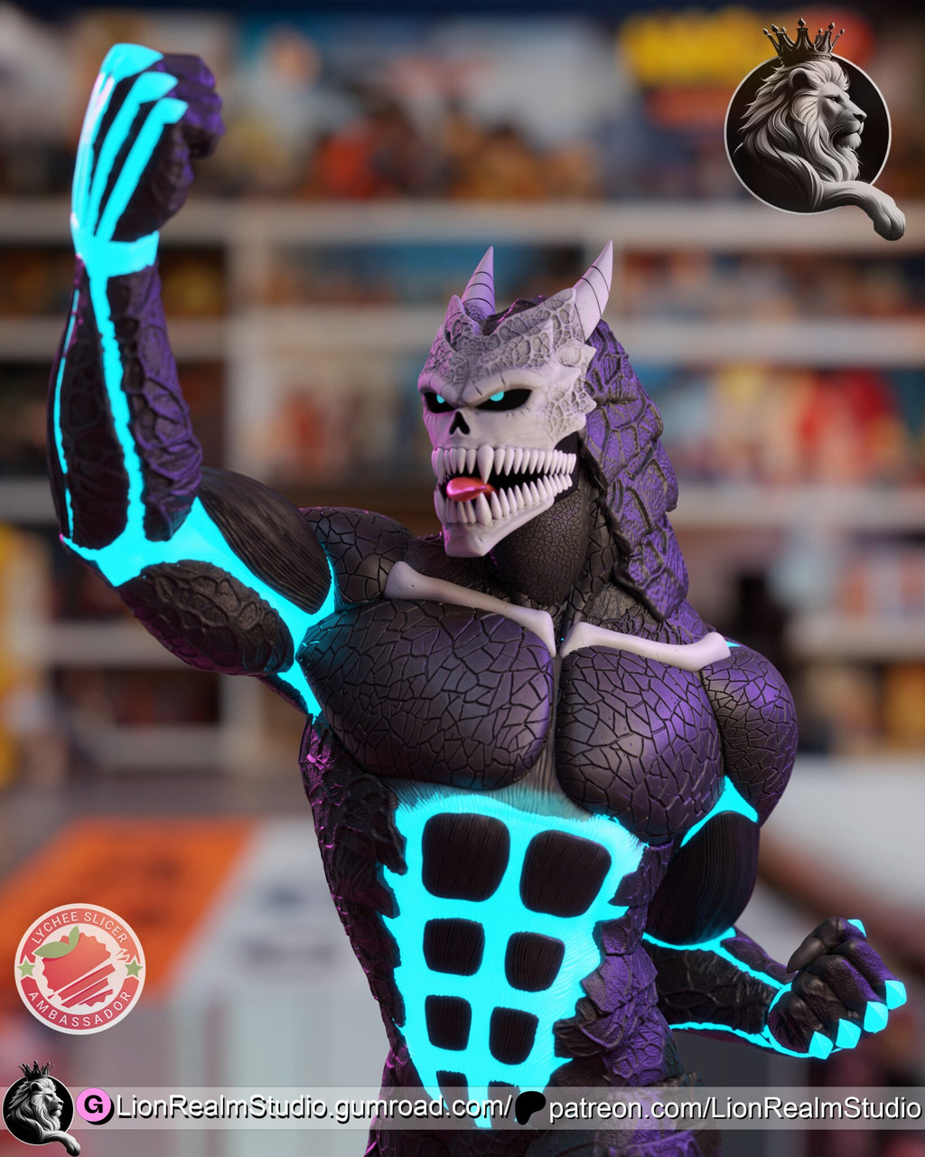 Sculptor's render (kit ships unpainted): upper body with the full skull head, the raised arm traced in glowing cyan lines