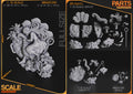 Studio scale and parts sheet (kit ships unpainted): the small scene in front of the large one is the miniature (this listing), 81 mm tall, 40 mm wide and 74 mm long; its parts are shown bottom right under 'Miniature scale'
