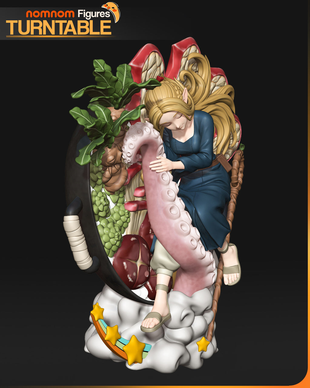 Sculptor's render (kit ships unpainted): view from her left with the leafy plants and the halved red fruit in the pot; the miniature is the same sculpt at 81 mm tall