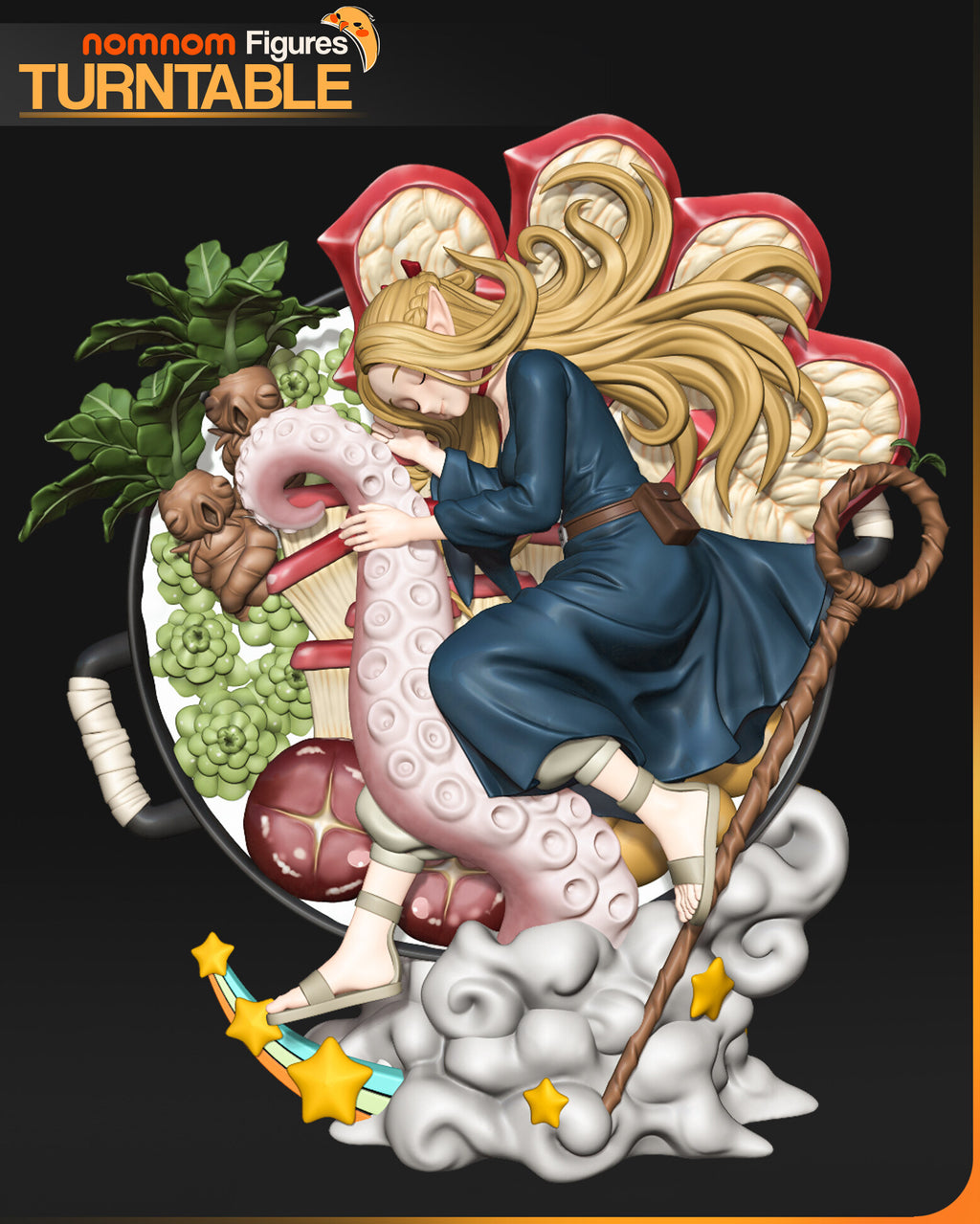 Sculptor's render of the painted design (kit ships unpainted): front view of the blonde elf mage asleep on a pink sea-monster tentacle inside a giant cooking pot of vegetables, on a cloud with stars