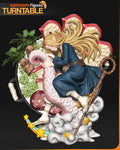 Sculptor's render of the painted design (kit ships unpainted): front view of the blonde elf mage asleep on a pink sea-monster tentacle inside a giant cooking pot of vegetables, on a cloud with stars