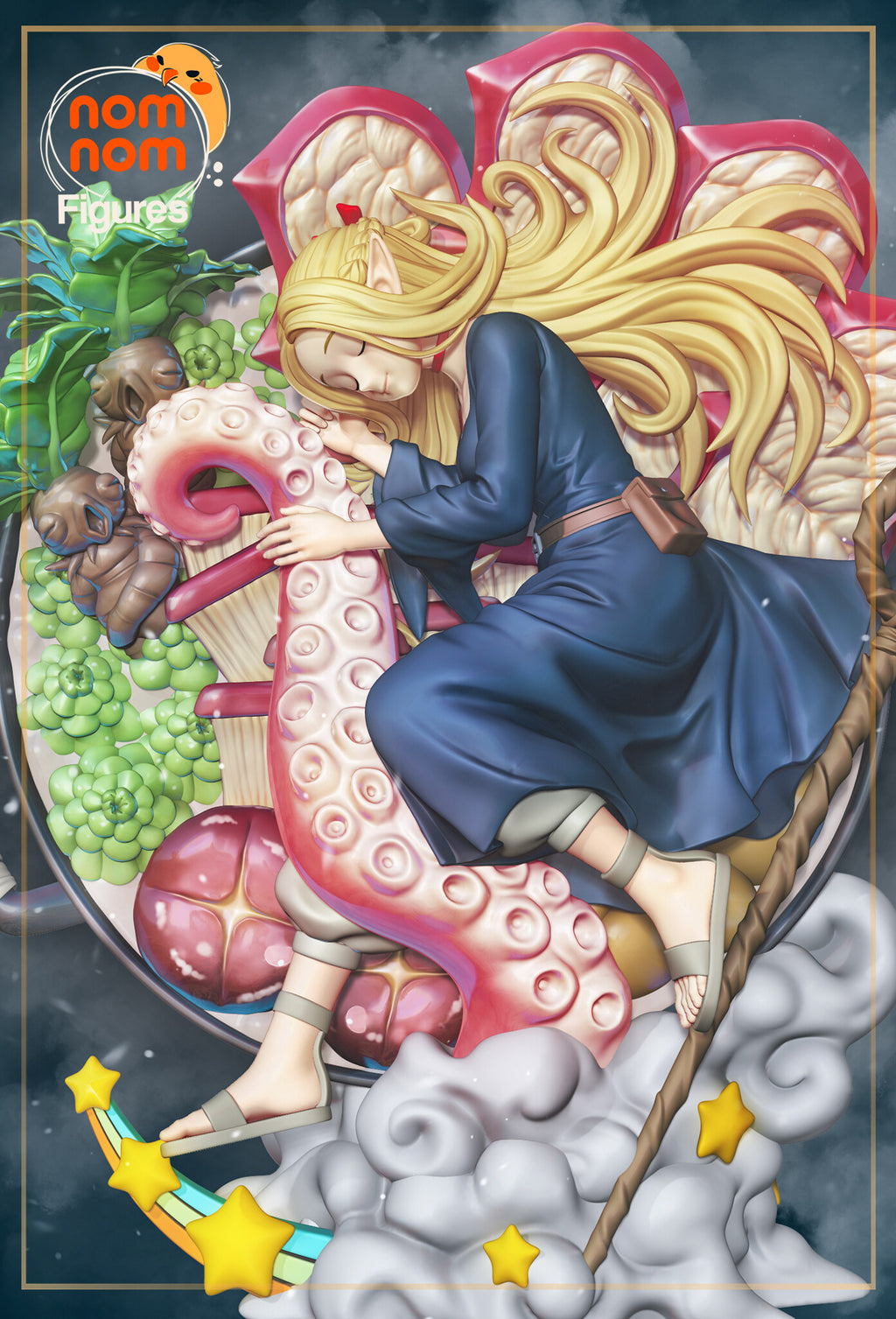 Sculptor's render (kit ships unpainted): closer front view of the sleeping elf, her long blonde hair spread over the red-edged petals behind her