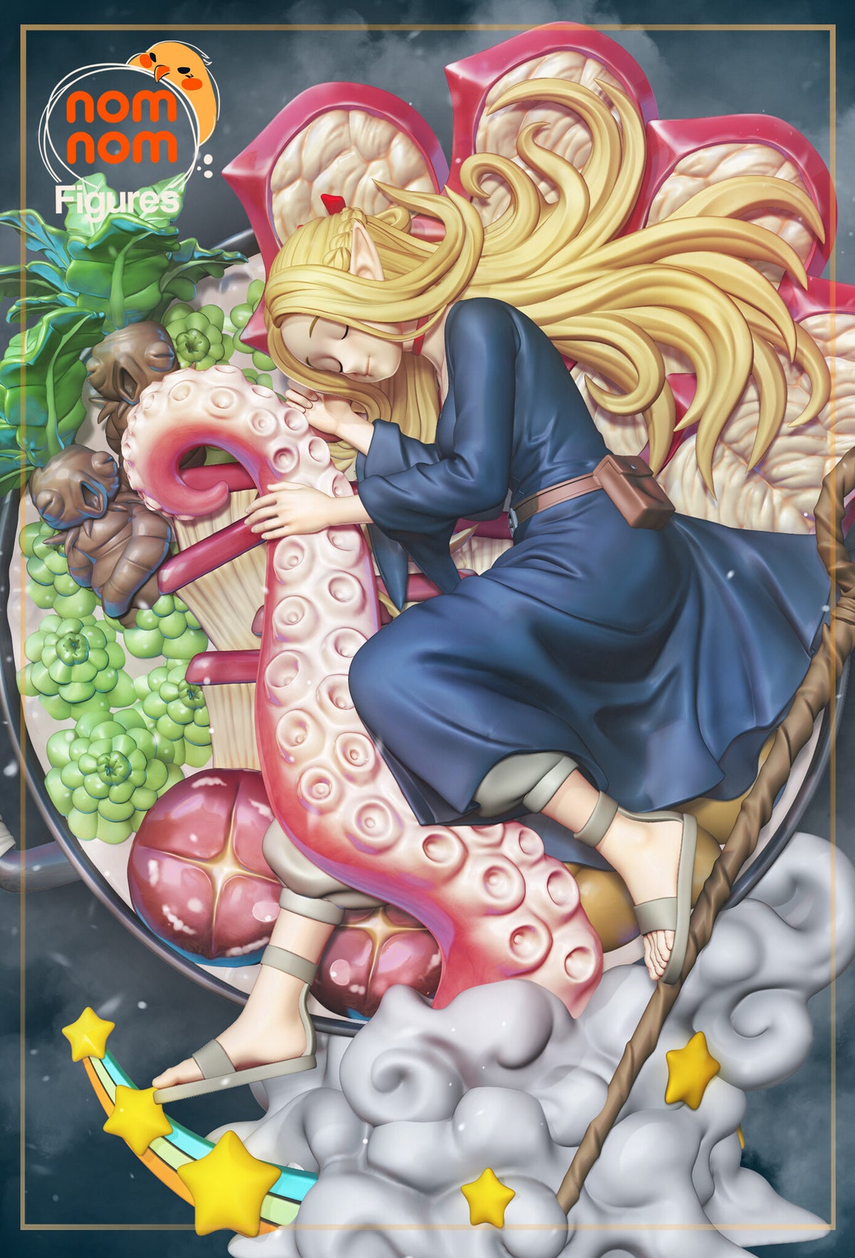 Sculptor's render (kit ships unpainted): closer front view of the sleeping elf, her long blonde hair spread over the red-edged petals behind her