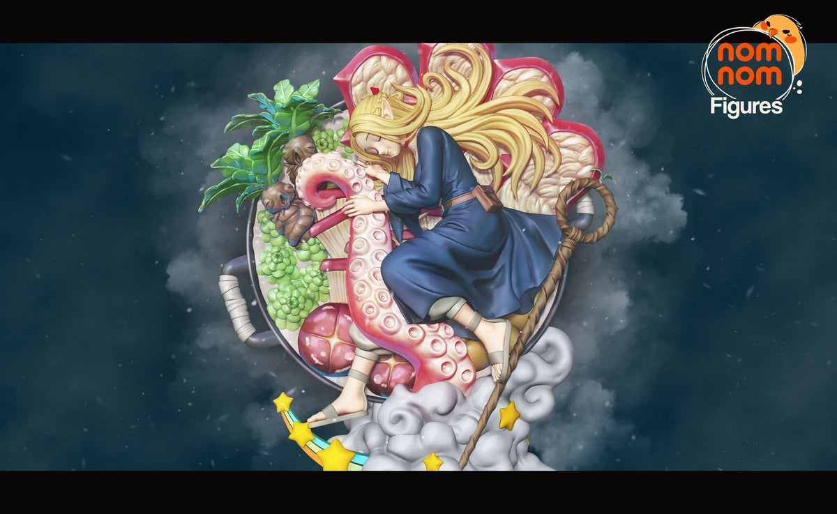 Sculptor's render (kit ships unpainted): wide view of the whole pot scene on its cloud, with the staff and the rainbow star trail