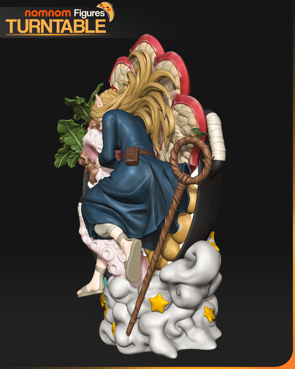 Sculptor's render (kit ships unpainted): view from her right showing the belt pouch, the looped staff and the clouds