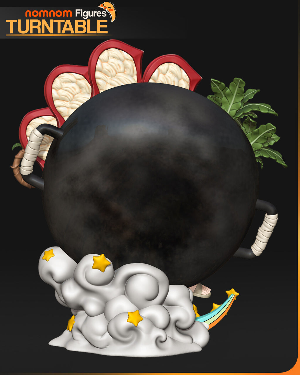 Sculptor's render (kit ships unpainted): rear view of the black iron pot with cloth-wrapped handles on the cloud