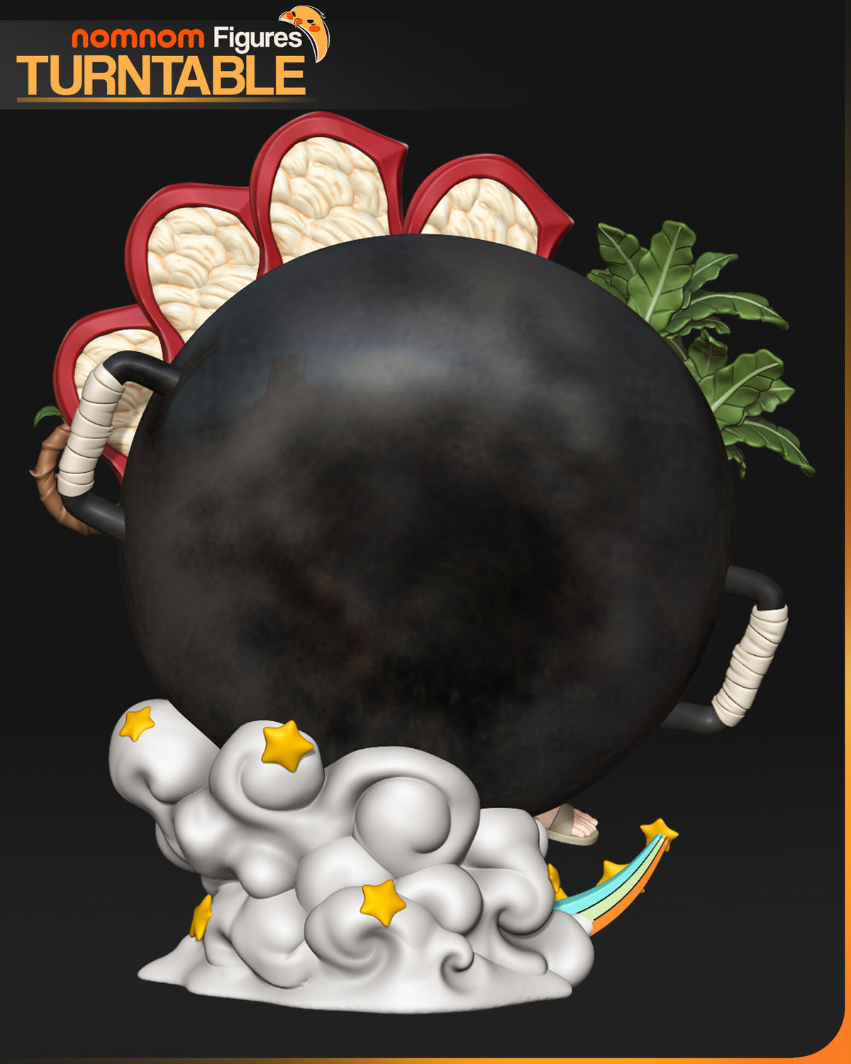 Sculptor's render (kit ships unpainted): rear view of the black iron pot with cloth-wrapped handles on the cloud