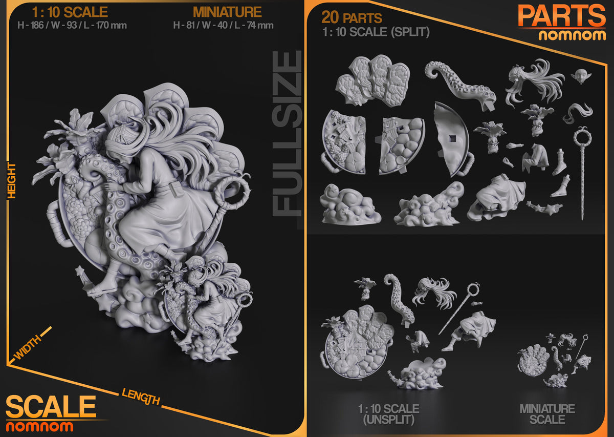 Studio scale and parts sheet (kit ships unpainted): the studio's sheet giving this 1:10 scene's size, 186 mm tall, 93 mm wide and 170 mm long, with its 20 split parts; the small version shown is the miniature, sold as a separate listing